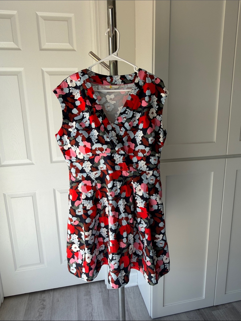 Boden Black Dress with Red, Pink and White Floral Print, Size US12 petite.